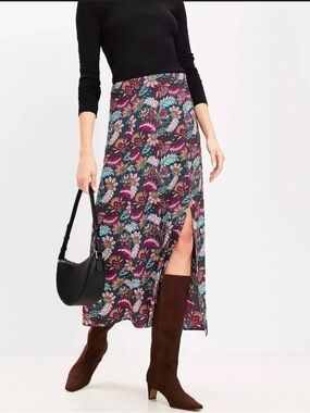 NWT Loft Paisley Floral Burgundy A-Line Skirt with Slit | Size 10